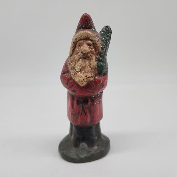 Vintage Ceramic Santa Claus Figurine With Tree Signed 6.5" Rustic - Picture 1 of 8